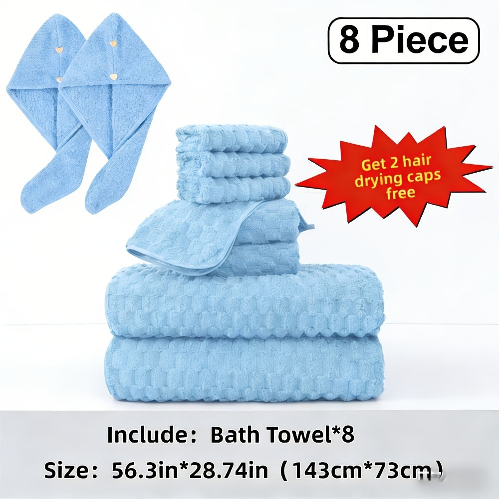 Towel Set 4 or 8 Piece Microfiber Collection with Hair-Drying Cap Options in Four Colors for Home and Guest Use