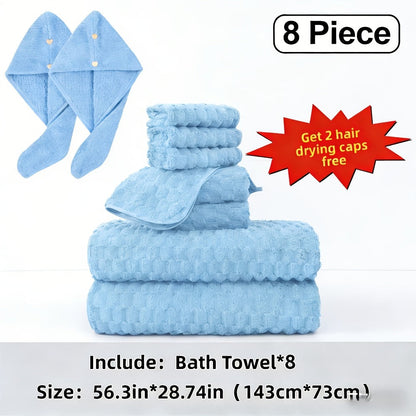 Towel Set 4 or 8 Piece Microfiber Collection with Hair-Drying Cap Options in Four Colors for Home and Guest Use