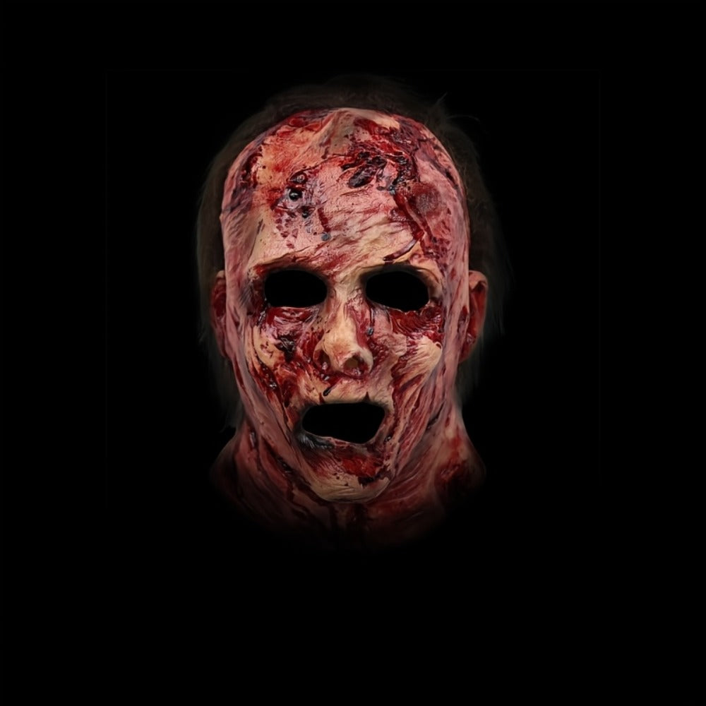 Bloody Decayed Face Full-Head Halloween Mask with Dark Hair, Open Eyes and Mouth for Adult Horror Costumes