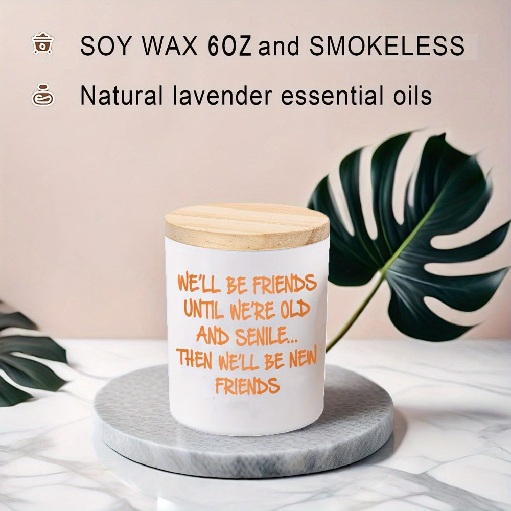 6oz Lavender-Labeled Candle in White Glass Jar with Wood Lid and Friendship Message Artwork