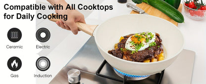 Black or White Nonstick Cookware Set with Frying Pans, Lidded Pots and Wood-Look Handles for Home Kitchens