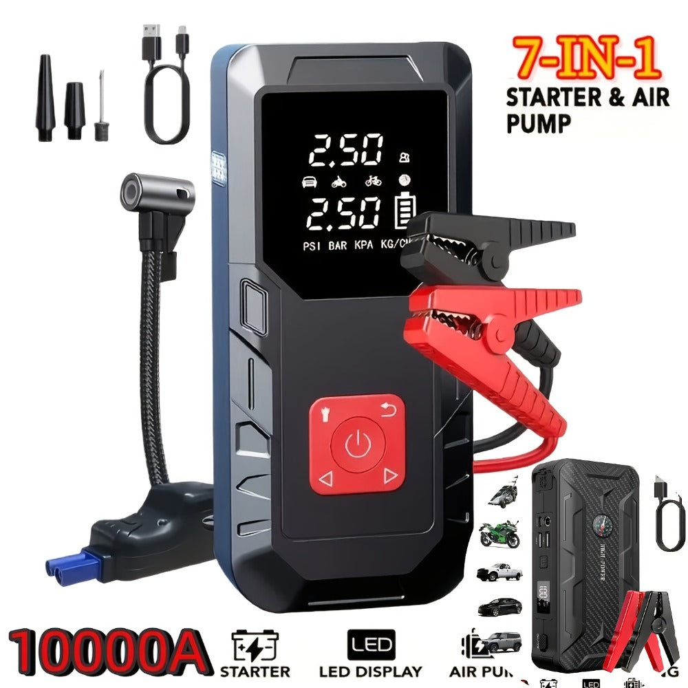 Portable Car Jump Starter 10000A – 9-in-1 Battery Booster with 350PSI Tire Inflator, LED Light, USB-C Fast Charging, Power Bank for 12V Gas & Diesel Vehicles, Emergency Car Tool