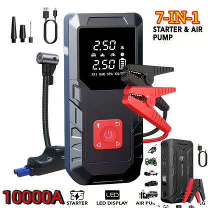 Portable Car Jump Starter 10000A – 9-in-1 Battery Booster with 350PSI Tire Inflator, LED Light, USB-C Fast Charging, Power Bank for 12V Gas & Diesel Vehicles, Emergency Car Tool