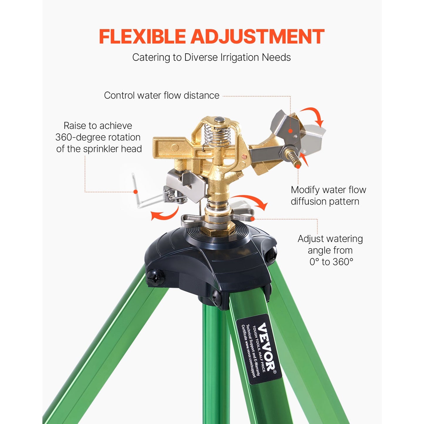 Green Tripod Garden Sprinkler with Rotating Brass Head, Adjustable Legs and Pictured 17- to 37-Inch Height