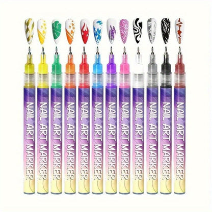 Nail Art Pens 12-Color Water-Based Marker Set with Round Clear Bodies and Extra-Fine Detail Tips