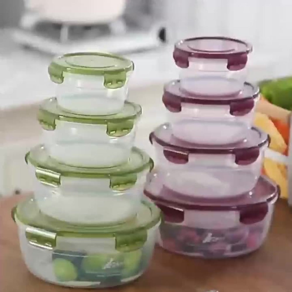 Food Storage Container Refrigerator Set with Three or Four Round Boxes, Flip Lids and Nested Capacities