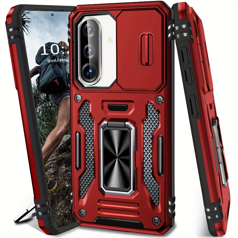 Samsung Galaxy Shockproof Magnetic Phone Case with 360° Rotating Ring Bracket & Sliding Lens Protector – Heavy Duty Cover for S24FE S23FE S22 S21FE Ultra A55 A54 A35 A34 A25 A24 A16 A15 A14 A06 A05 A05S 5G