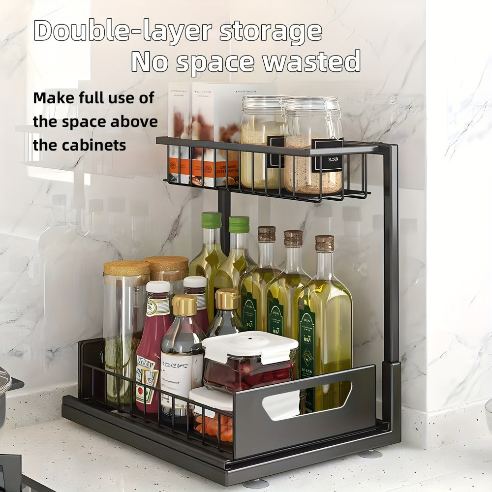 Two-Tier Pull-Out Cabinet Organizer with Upper and Lower Sliding Trays in Grey, Black or White Package Options