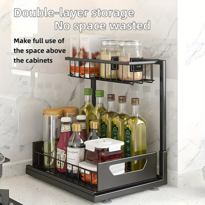 Two-Tier Pull-Out Cabinet Organizer with Upper and Lower Sliding Trays in Grey, Black or White Package Options