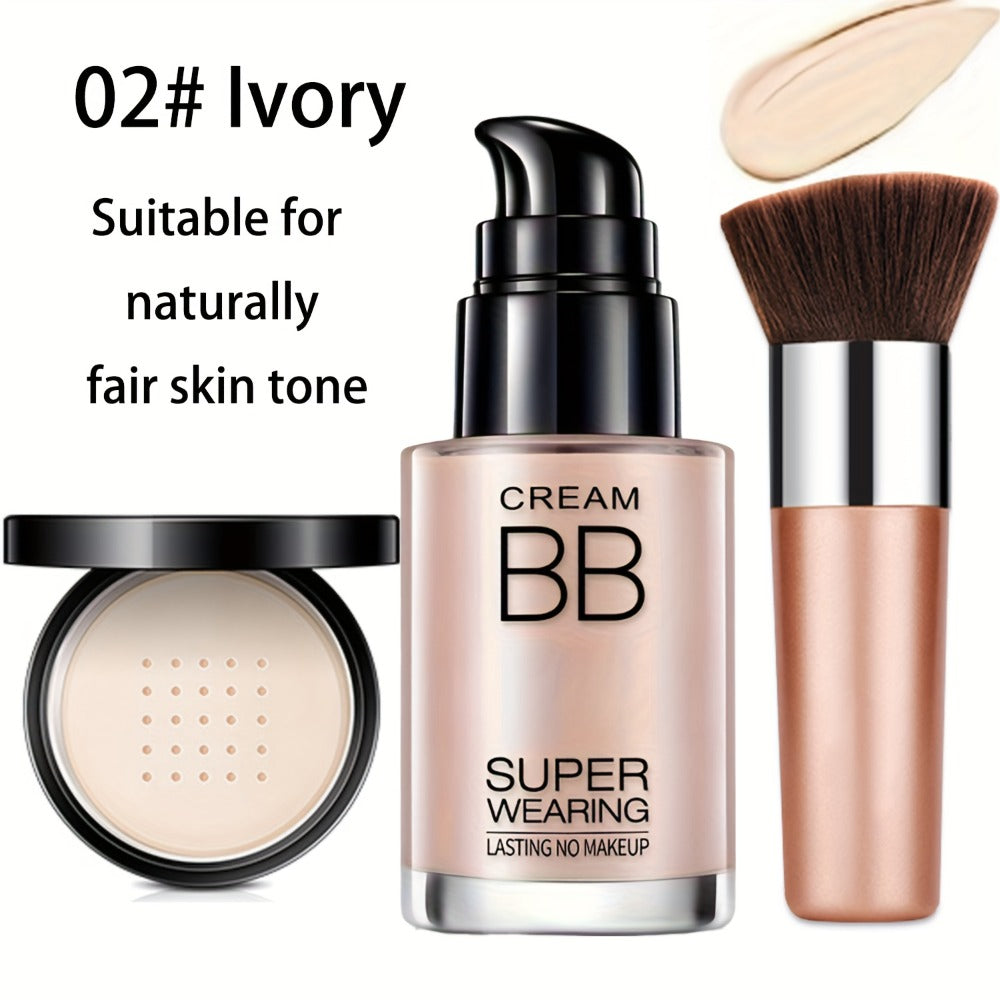 BB Cream Makeup Kit with Powder, Brush and Sponge in Three Exact Numbered Shade Options for Face Makeup