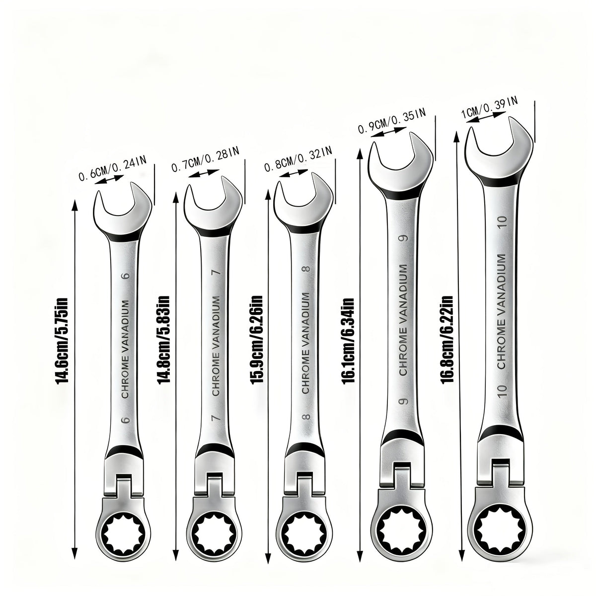 Ratchet Wrench Set 5pcs Flexible Head 6-10mm Metric Chrome Vanadium Steel 72-Tooth Combination Wrench for Home, Garage and DIY Projects