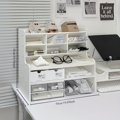 6-Layer Desktop Storage Rack Desk Organizer with File Holder Pen Holder Space-Saving Office Organizer Matte White PVC Stationery Cosmetics Dormitory Bookshelf Partition Box Multiple Sizes