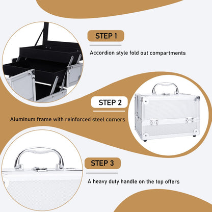 Tabletop Makeup Carry Case with Mirror, Fold-Out Trays and Dividers in Black, Silver or Pink