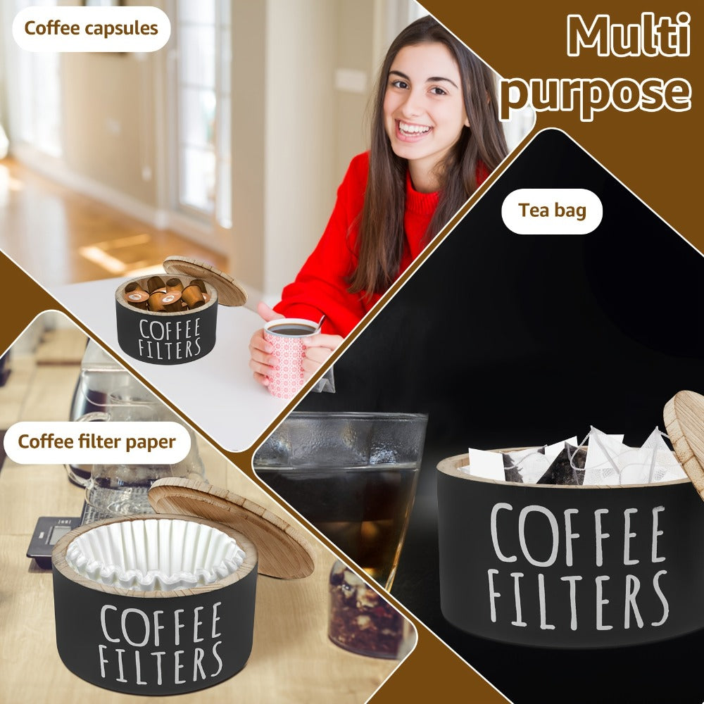 Wooden Coffee Filter Holder with Lid – Large Capacity Rustic Round Organizer Dispenser for Coffee Filters & Tea Bags, Bamboo Lid, Kitchen Countertop Coffee Bar Decor