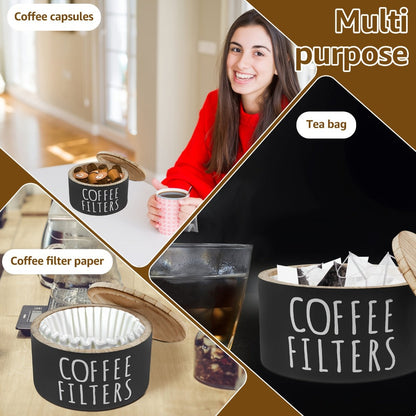 Wooden Coffee Filter Holder with Lid – Large Capacity Rustic Round Organizer Dispenser for Coffee Filters & Tea Bags, Bamboo Lid, Kitchen Countertop Coffee Bar Decor