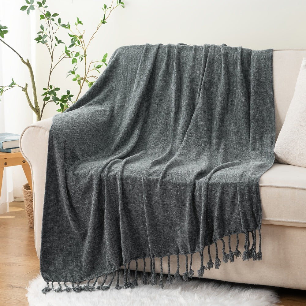 Chenille Fringe Throw Blanket – 180-200gsm Velvety Soft Decorative Throw for Sofa & Couch, Home Decor, 50”×60”, 17 Colors