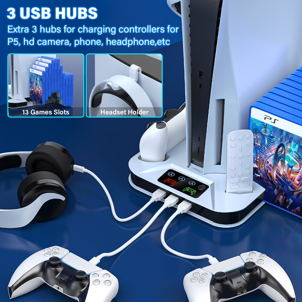 Black Console Cooling Stand Compatible with PS5, Slim and Pro Models, Three Fan Speeds and Dual Controller Dock