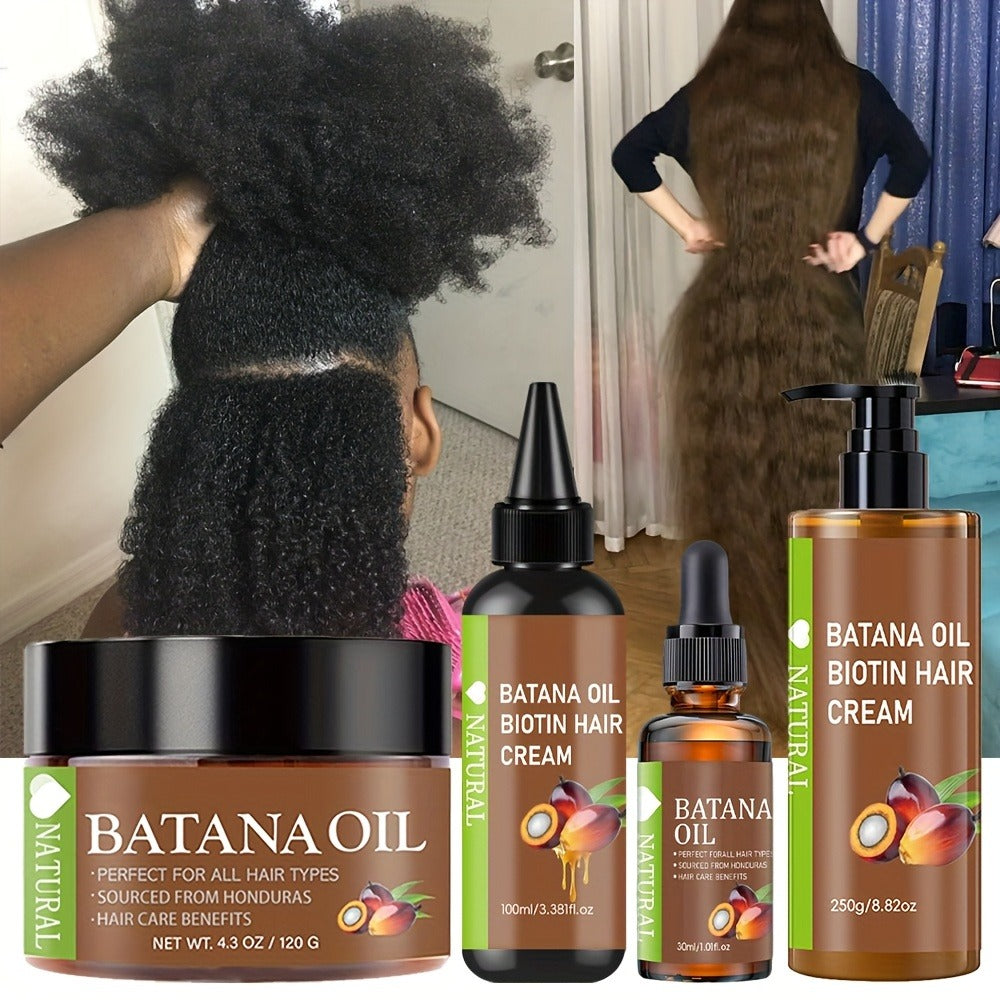 Four-Piece Batana Hair Care Set with Coordinated Oil and Cream Containers in Assorted Sizes