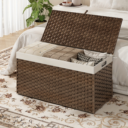 Large Storage Basket with Lid & Handles - 220L Handwoven Wicker Blanket Basket, Metal Frame, Soft Lining, Foldable for Bedroom, Laundry Room & Living Room