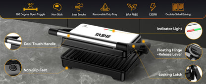 Panini Press Sandwich Maker 1200W, Non-Stick Cast Aluminum Grill with 180-Degree Opening, 2-Slice Panini Maker with Indicator Lights