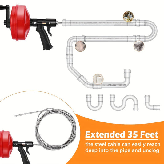 Drain Snake Auger 25ft with Drill Adapter - Heavy Duty Manual & Drill-Powered Plumbing Snake, 1/4" Spiral Head for 1-1/4" to 3" Pipes, Clog Remover for Shower Sink Toilet Bathtub, Gloves Included