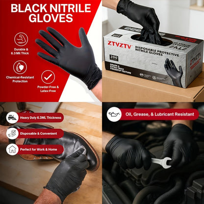 ZTVZTV Black Nitrile Disposable Gloves in 200-Piece Packs with Four Size Options from S to XL