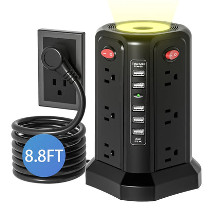 Night Light Power Tower Surge Protector 17-in-1, 12 AC Outlets & 5 USB Ports, 10.2ft Extension Cord, 4 Independent Switches, Overload Protection Charging Station for Home Office Dorm Room – White
