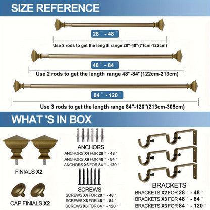 Double Curtain Rod Set with Square Urn Finials Adjustable Double Drapery Rod 5 Finishes 2 Sizes Window Curtain Hardware Easy Install