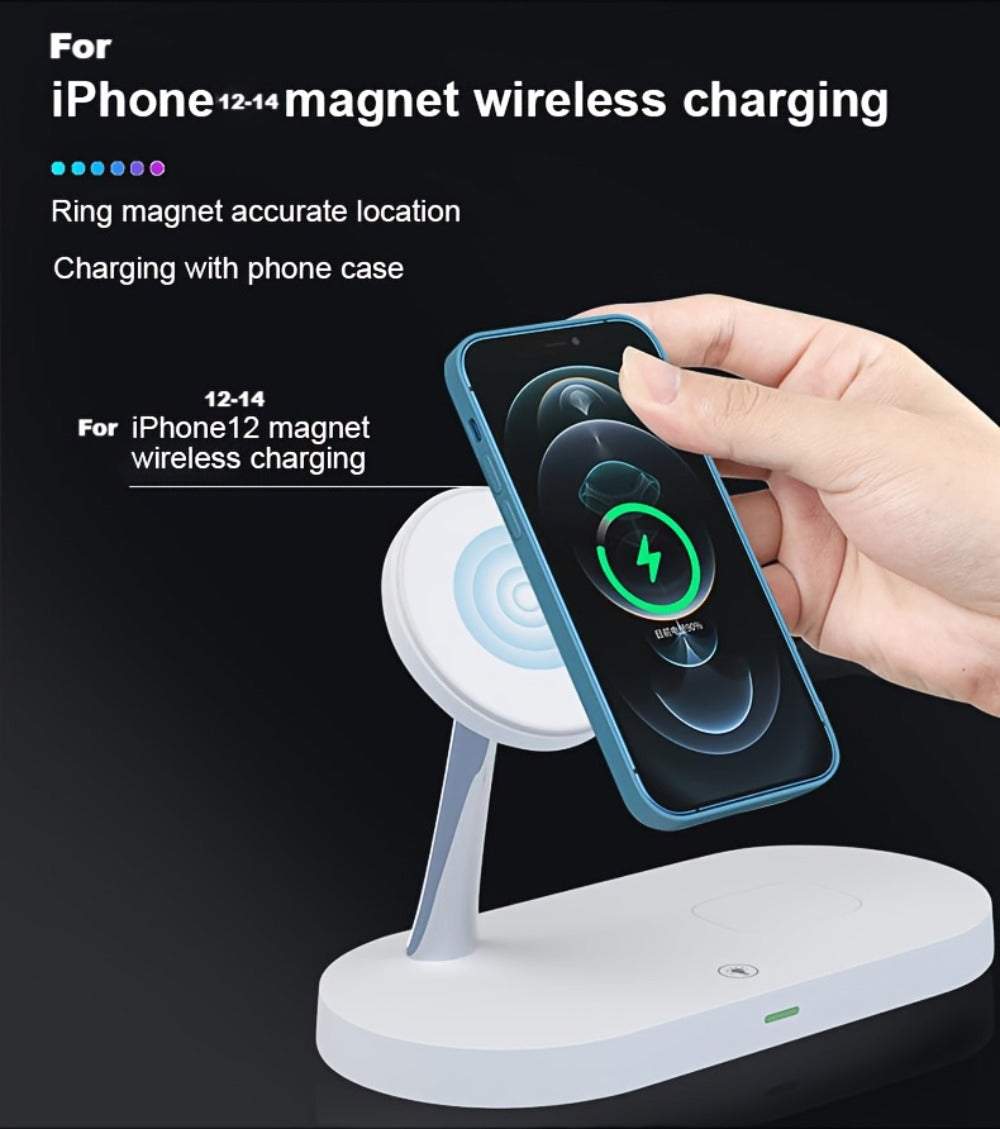 Wireless Charging Station, 3-in-1 Magnetic Stand with QC3.0 Adapter, Clock Display and White or Black Options