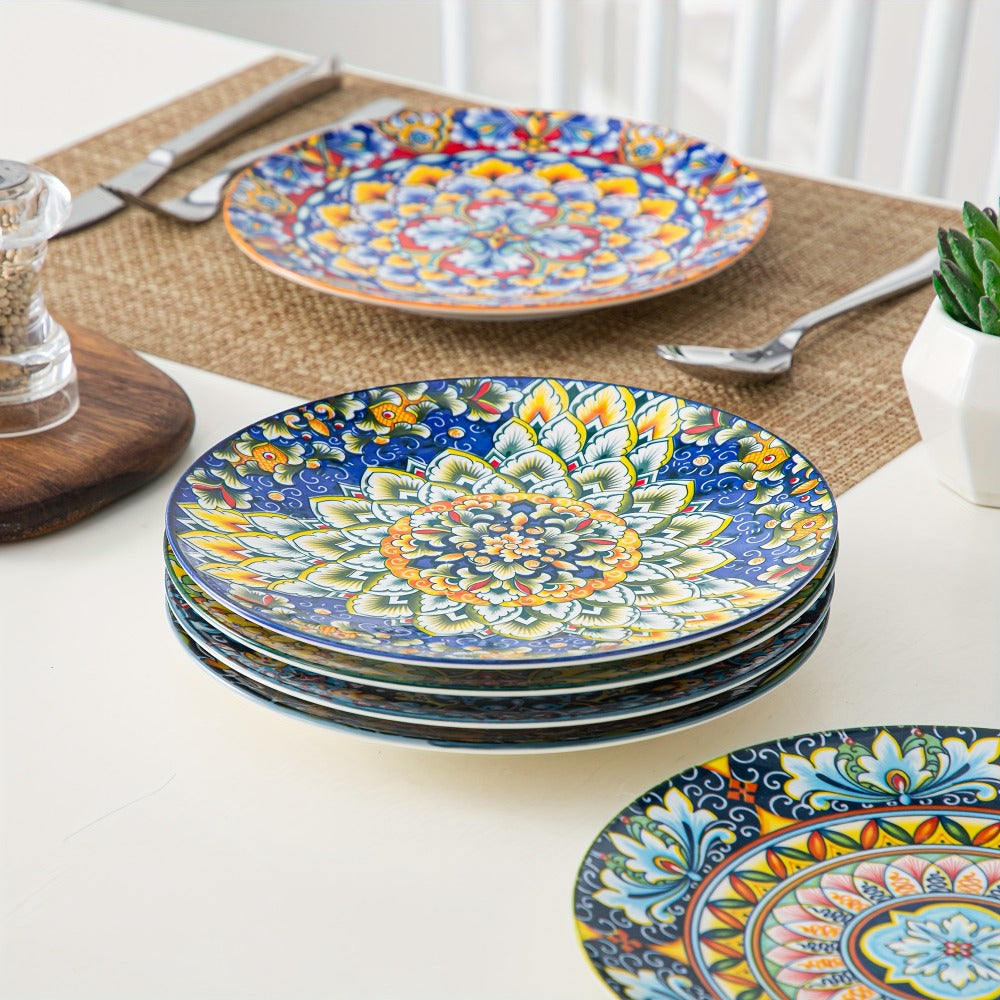 Bohemian Ceramic Dessert Plate Set of 6 - 8.5 Inch Colorful Abstract Pattern Dinnerware, Glazed Porcelain Plates