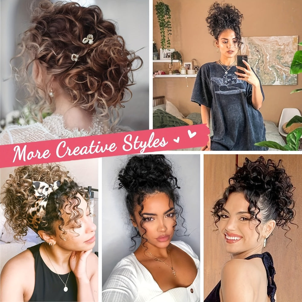 Drawstring Curly Bun Hairpiece Clip In Loose Messy Updo Hair Extension 10 Inch – Thick Voluminous Fake Bun Ponytail Wrap for Women Brown Dark Blonde All Hair Types No Heat