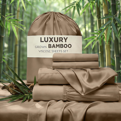 Bed Sheet Set 4-Piece Bamboo-Derived Rayon with Deep-Pocket Fitted Sheet in Twin, Full, Queen and King Sizes