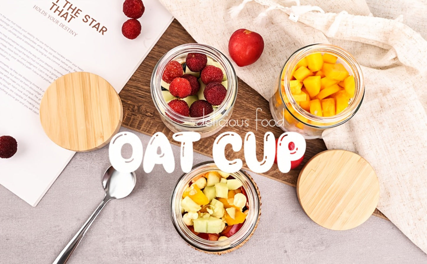 Glass Jars with Bamboo Lids - Airtight Wide Mouth Mason Jars for Overnight Oats Yogurt Chia Seeds Snacks and Meal Prep, Clear Glass Food Storage Containers for Salad Spice and Sugar, Available in 4 Pack 16oz or 6 Pack with Spoons