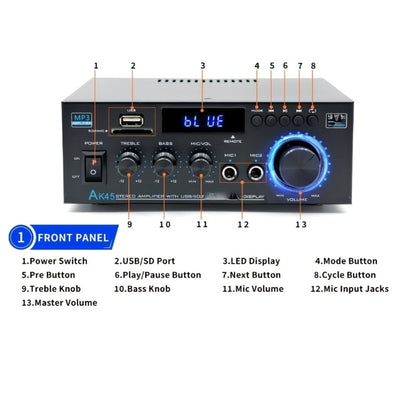 AK45 Two-Channel Bluetooth Home Audio Amplifier with FM, Karaoke Inputs, USB, MMC and SD Card Playback Options