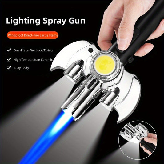 Torch Lighter Metal Jet Flame, Large Windproof Butane Torch with COB Light, High-Power Refillable Flamethrower for Barbecue, Baking, Camping, Moxibustion & Outdoor Use – Black & Silver (Butane Not Included)