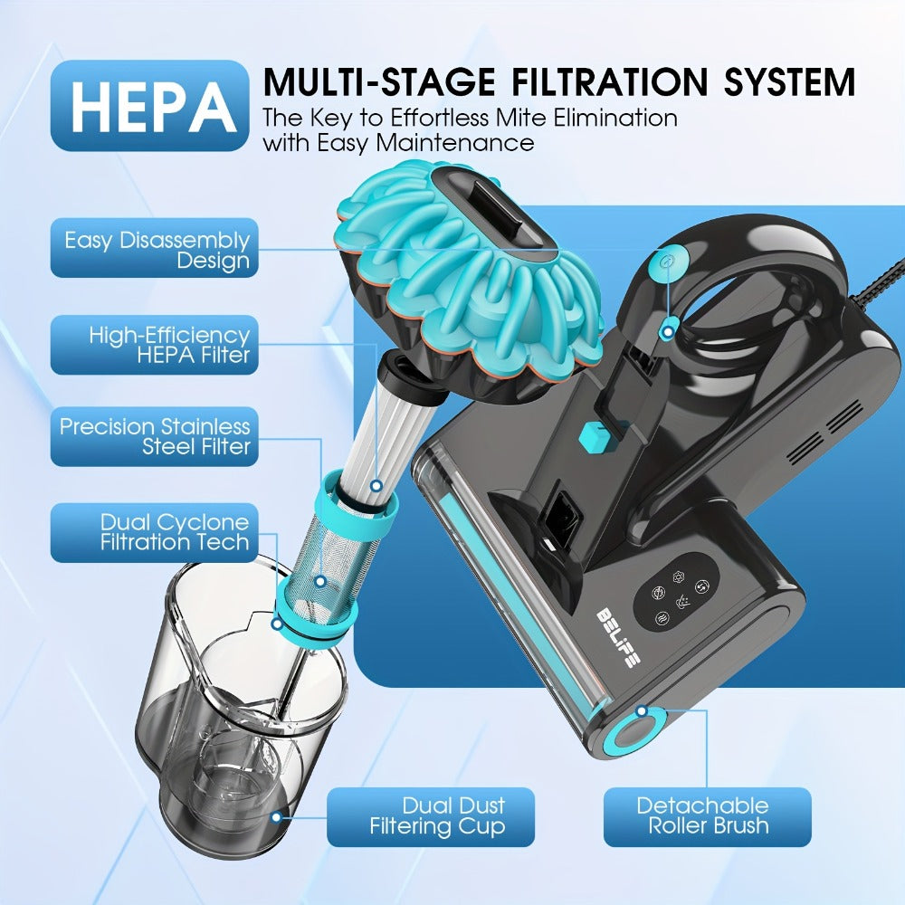Corded Mattress Vacuum Cleaner with 550W 20000Pa Labels, Blue Trim, Dual Cyclone Cups and Filter