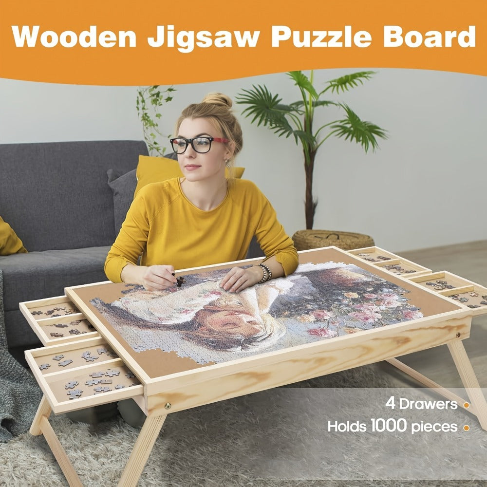 Foldable Wooden Jigsaw Puzzle Table with 4 Storage Drawers, 16 Sorting Grids and Natural-Color 1000-Piece Work Surface