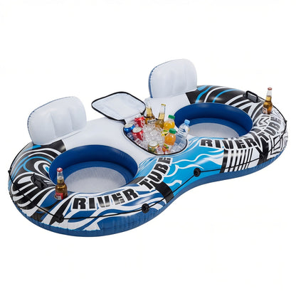 Inflatable Pool Float Bed with Detachable Cooler – Heavy Duty Double Adult Lounge Raft with Cup Holders for Swimming Pool, River & Lake, Durable Blow Up Water Lounger Chair, Blue & Green / Blue & White