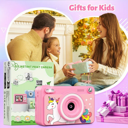 Kids Instant Print Camera with Cartoon Unicorn or Dinosaur Design, Paper Rolls, Color Pens and Four Color Options