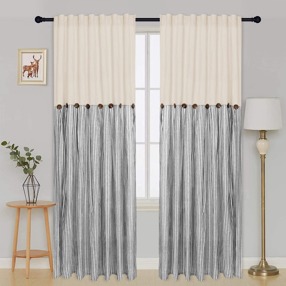 Striped Patchwork Window Curtain Set with Rod-Pocket Top, Six Colors and Five Panel-Count or Size Options