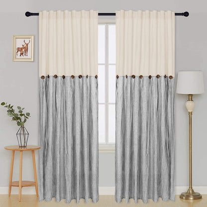 Striped Patchwork Window Curtain Set with Rod-Pocket Top, Six Colors and Five Panel-Count or Size Options