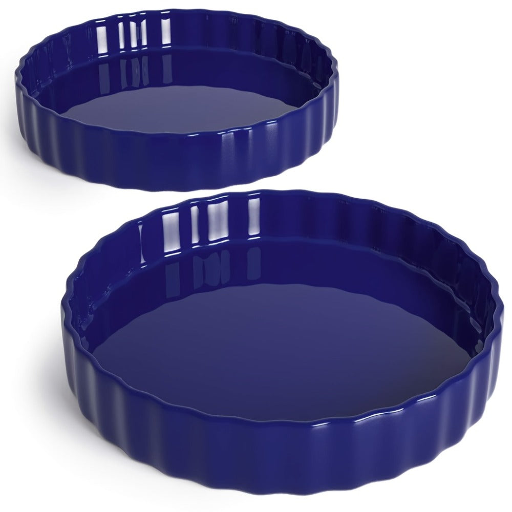 Two-Piece 9.5 Inch Ceramic Quiche Pan Set with Fluted Edges in Blue, White or Red for Pies and Tarts