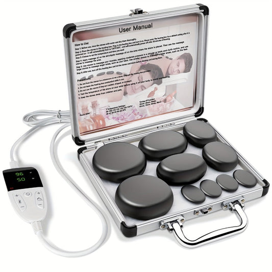 Spa Hot Stone Massage Set with Heater & Temperature Control — 10 Basalt Stones, 2 Size Options, Professional Kit for Full Body Muscle Relief, Home & Salon Use