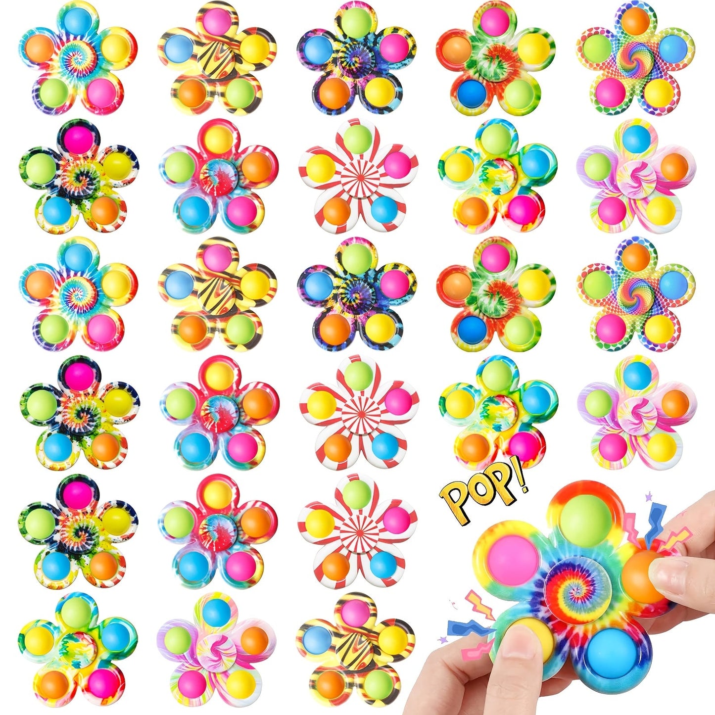 Thirty-Two-Piece Bubble Pop Fidget Spinner Assortment with Colorful Mixed Flower and Round Shapes