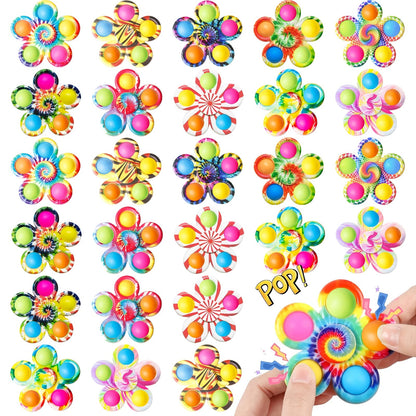 Thirty-Two-Piece Bubble Pop Fidget Spinner Assortment with Colorful Mixed Flower and Round Shapes