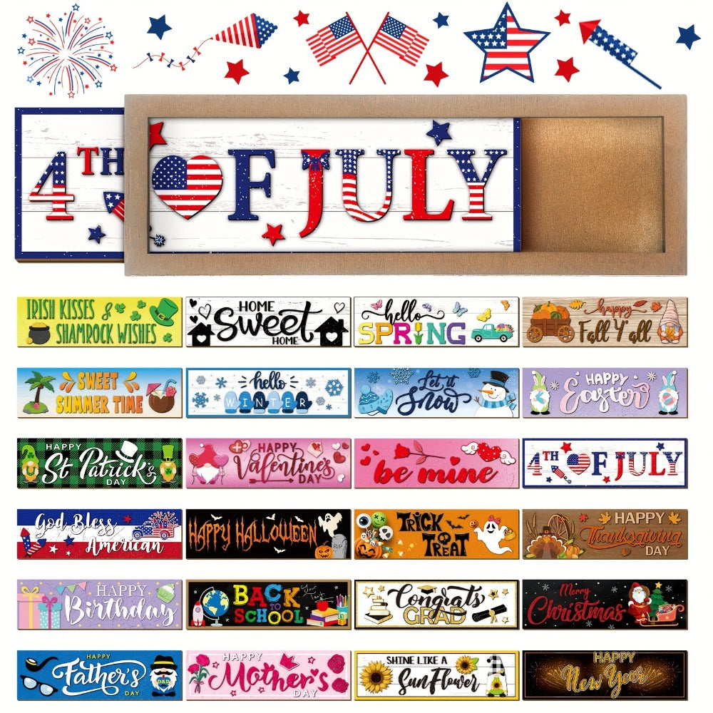 Twenty-Five-Piece Interchangeable Seasonal Welcome Sign Set with Wood Frame and Holiday Message Inserts