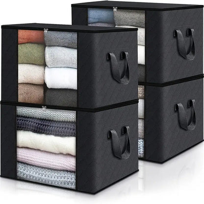 Four-Piece Foldable Storage Bag Set in Black or Gray with Clear Front Panels and Reinforced Side Handles
