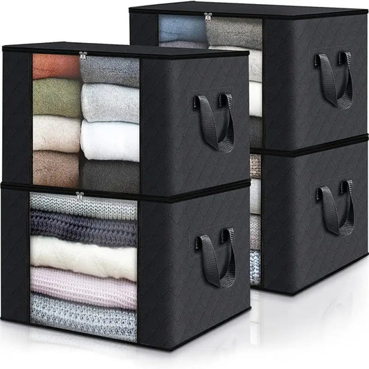 Large Capacity Storage Bags 4-Pack – 23.78 Gallon Foldable Closet Organizer Bins with Reinforced Handles for Clothing, Blankets, Comforters, Bedding & Under-Bed Storage – Black & Gray