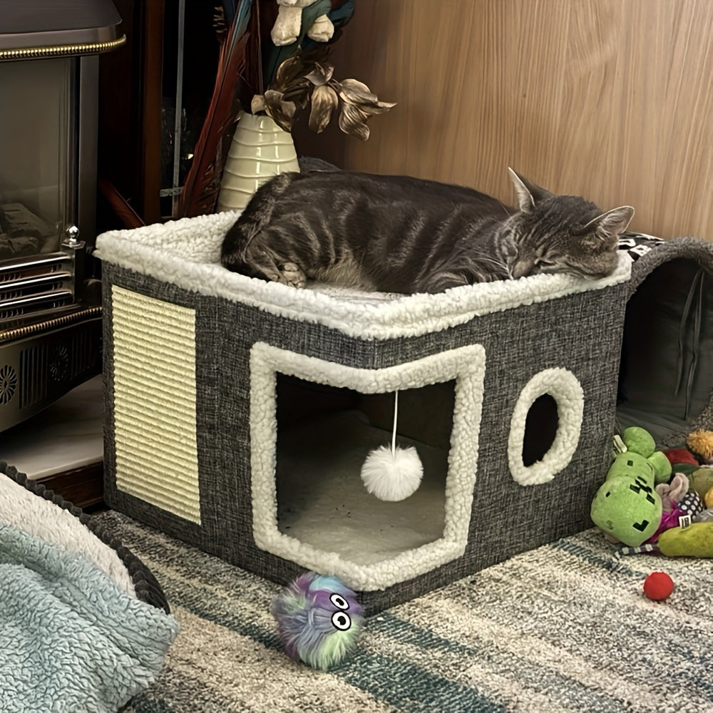 Cat House Foldable Multi-Layer 2-Tier Bed Toy Tunnel Scratching Post Plush Hanging Ball Canvas Nylon Frame All-Season Indoor Cat Cube Enclosure Gray Classic