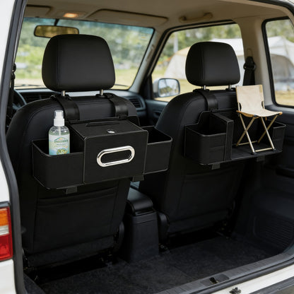 Car Backseat Organizer with Dual Cup Holders, Tissue Box & Hooks – Multi-Function Back Seat Storage for SUV, Sedan & Minivan | Brown, Orange, Black, Cream